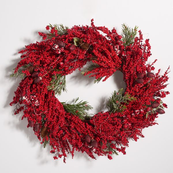 30" Red Berry Pine Wreath – LED Holiday Decor