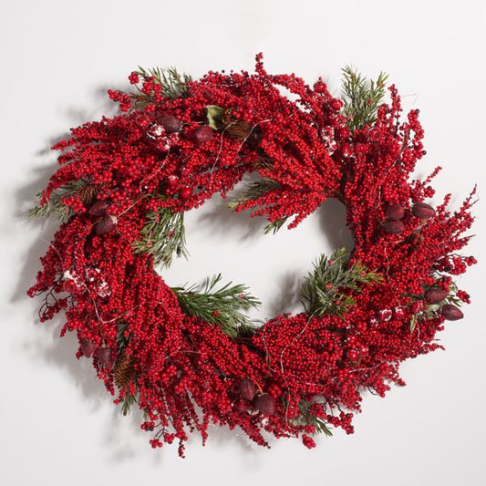 30" Red Berry Pine Wreath – LED Holiday Decor
