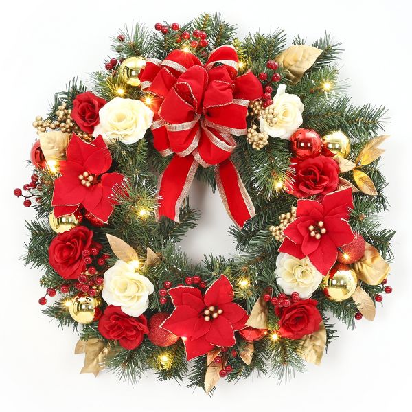 24" Pre-Lit Christmas Wreath with Red Bow Flowers Holiday Decor