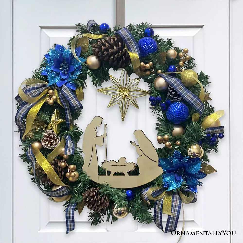 Nativity Christmas Wreath with Blue and Gold Ribbons and Poinsettias – Birth of Christ Door Decoration