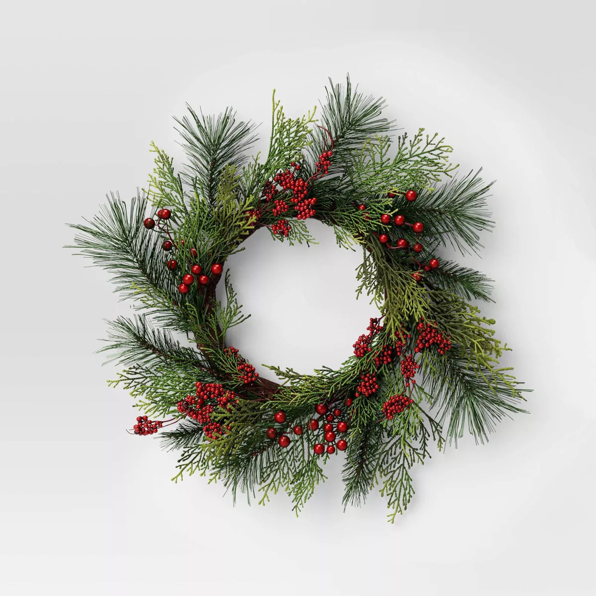 22" Mixed Pine with Red Berries Artificial Christmas Wreath - Indoor/Outdoor Use