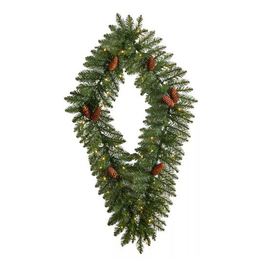 3 Ft Holiday Christmas Geometric Diamond Wreath with Pinecones and 50 Warm White LED Lights