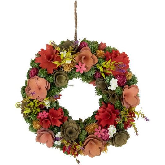 12.5" Artificial Spring Wreath with Mixed Flowers on Wooden Base Seasonal Home Accent