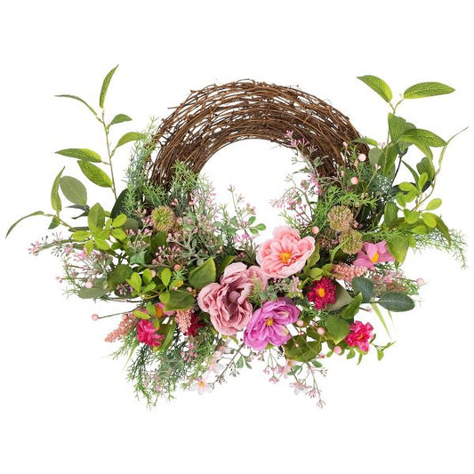 28 Inch Pink Peony Mixed Floral Half Spring Wreath