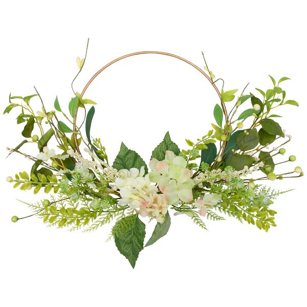 24-Inch Hydrangea and Fern Half Wreath with Gold Hoop Elegant Wall or Door Decoration