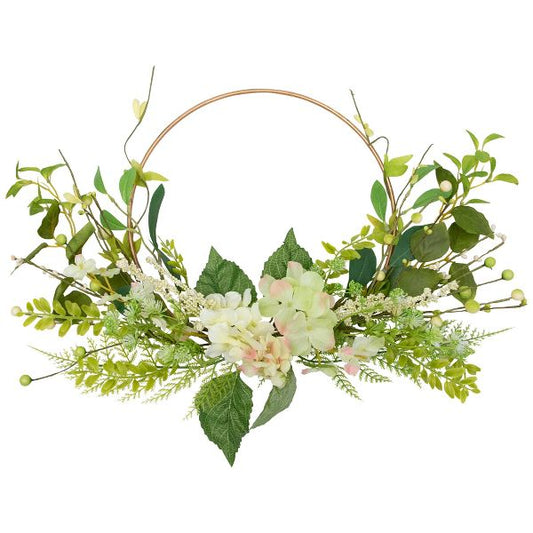 24-Inch Hydrangea and Fern Half Wreath with Gold Hoop Elegant Wall or Door Decoration