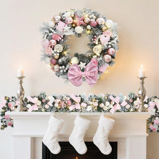 24 In Prelit Christmas Wreath Pink Bow LED Lights Indoor Outdoor Decor