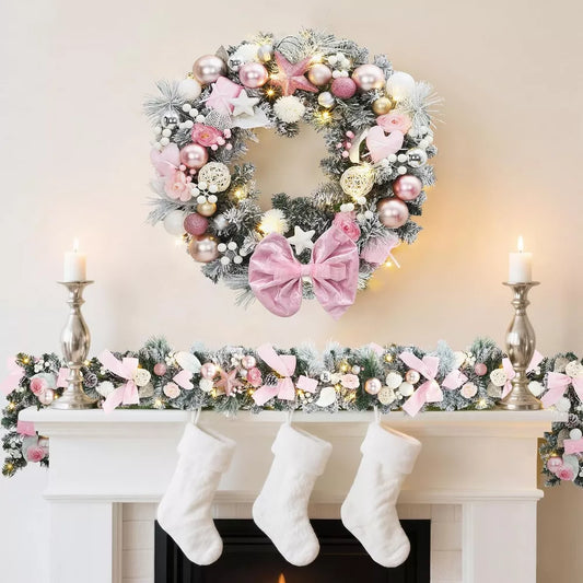 24 Inch Pre-Lit Christmas Wreath for Front Door – Lighted Wreath with 20 LED Lights, Pink Bow & Ornaments
