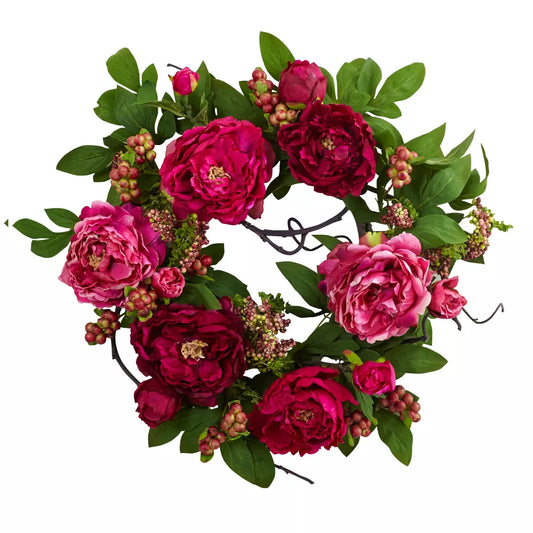 20 Inch Peony and Berry Artificial Wreath – Floral Holiday Décor