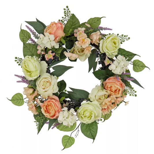 24 Inch Artificial Rose and Peony Woven Branch Base Wreath – Elegant Floral Home Décor