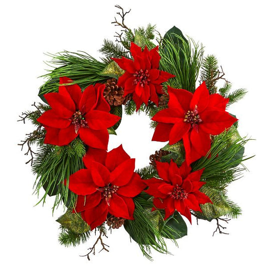 28" Poinsettia and Pine Wreath – Classic Holiday Decor