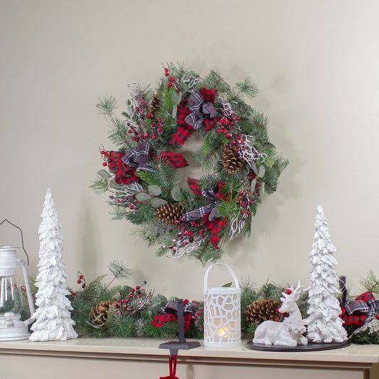 Dual Plaid and Berries Artificial Christmas Wreath with Pinecones 24 Inch