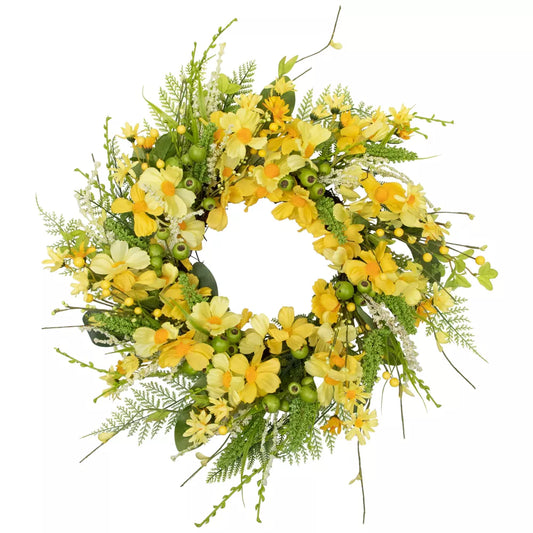 23 Inch Daisy and Cosmos Floral Spring Wreath Yellow