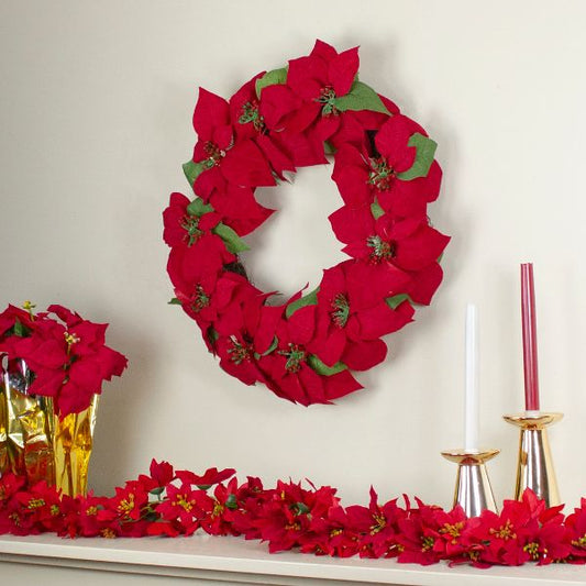 24-Inch Red Poinsettia Artificial Christmas Wreath – Unlit Holiday Décor