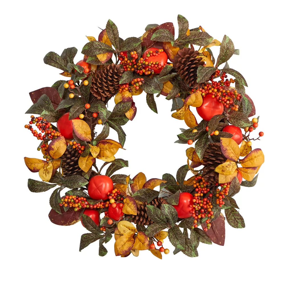 26" Autumn Persimmon and Pinecones Artificial Fall Wreath