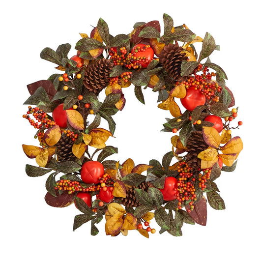 26" Autumn Persimmon and Pinecones Artificial Fall Wreath