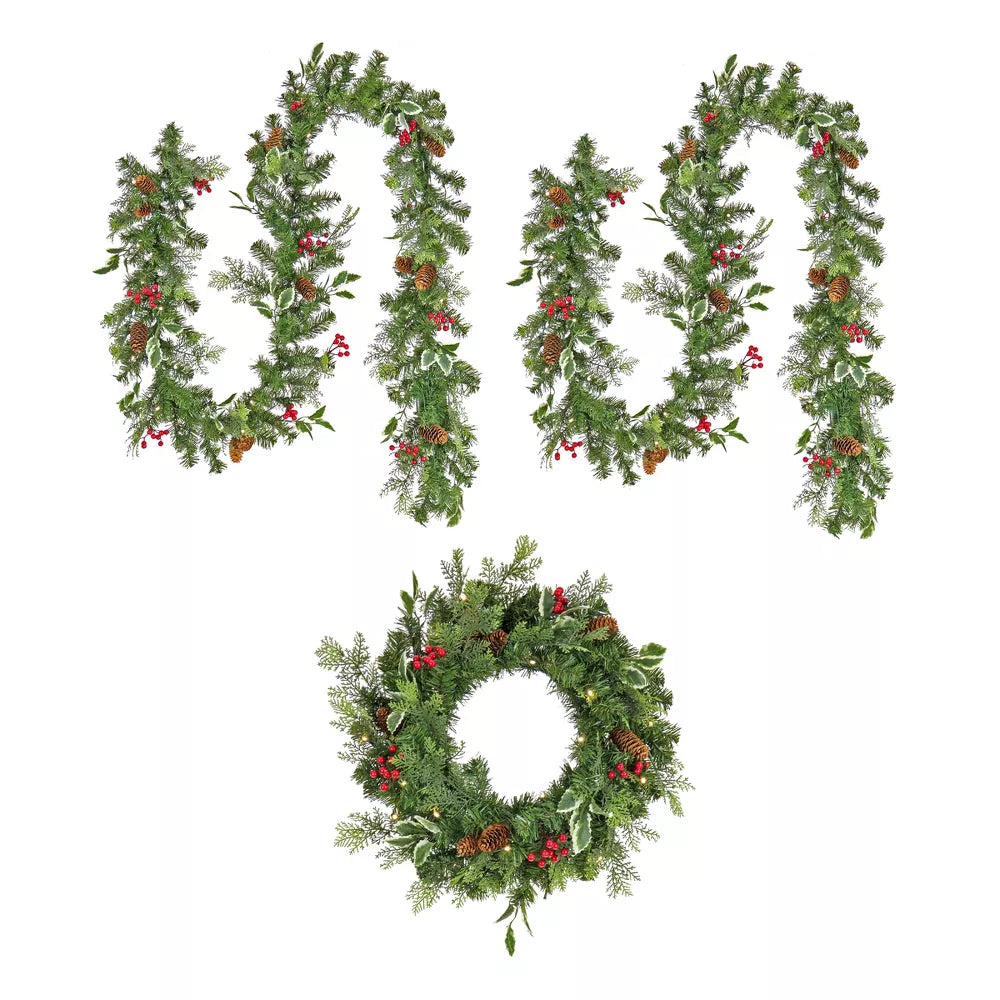 Pre Lit LED Holly Berry Wreath and Garland Assortment with White Lights