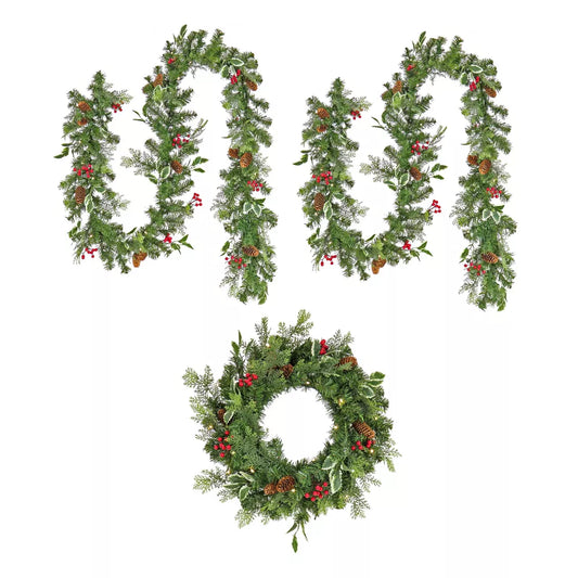 Pre Lit LED Holly Berry Wreath and Garland Assortment with White Lights