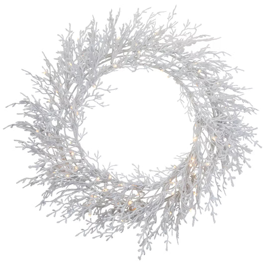 30-Inch Pre-Lit Flocked Twig Artificial Christmas Wreath – Warm White LED Lights