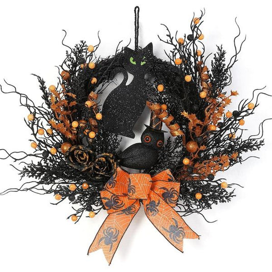 22" Halloween Artificial Wreath with Owls Black Cats Roses Vines