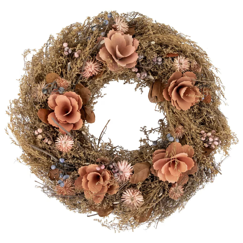 13.75 Inch Orange and Coral Pink Twig and Floral Autumn Harvest Wreath Unlit