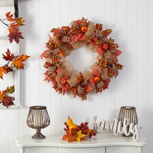 30" Autumn Pumpkin Wreath with Bows – Halloween Decor