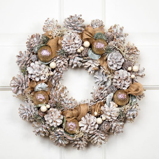 14" Glittered Pine Christmas Wreath with Burlap Bows Rustic Holiday Decor