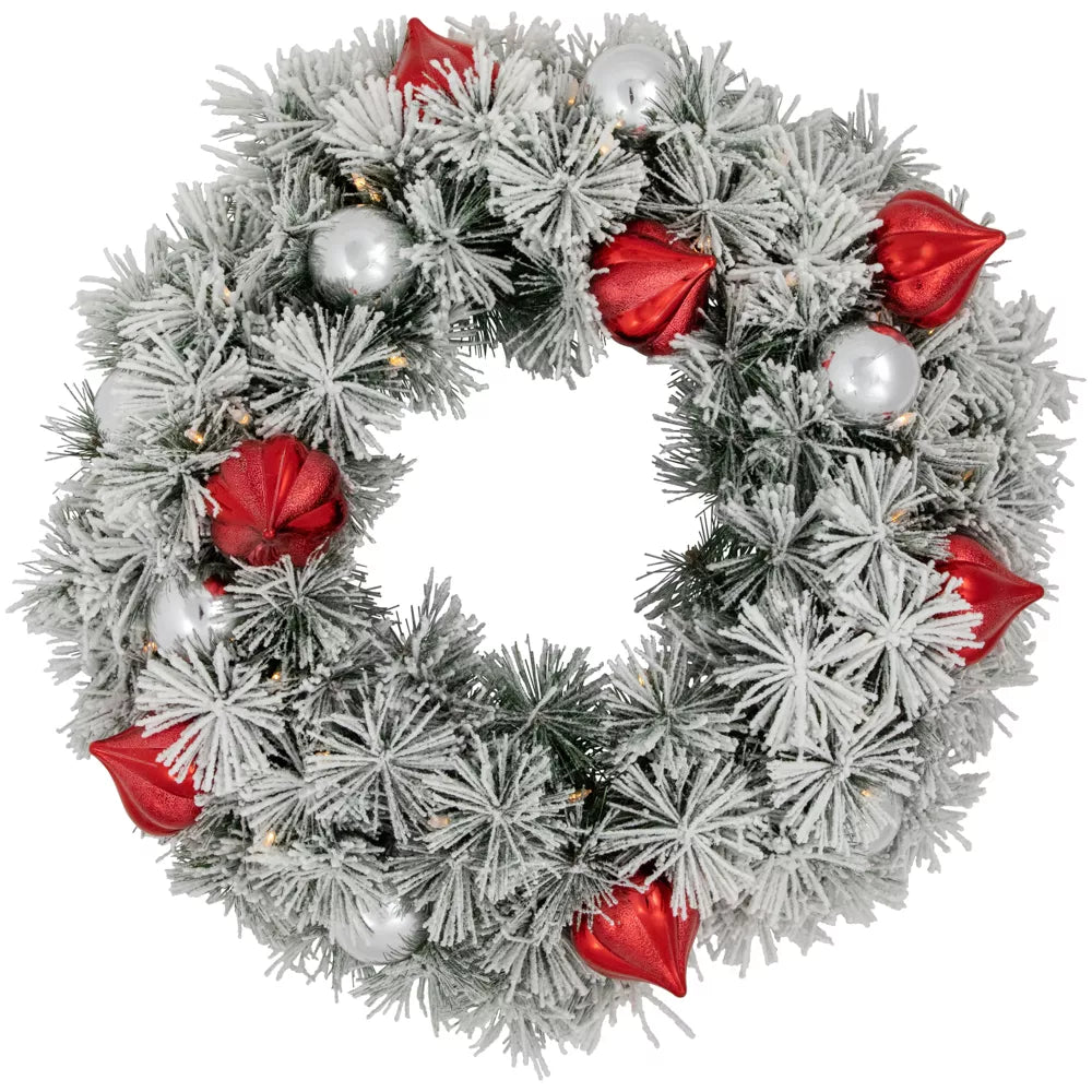 Pre-Lit Snowy Pine Christmas Wreath 24 Inch Dual Color LED Battery Operated Holiday Decoration