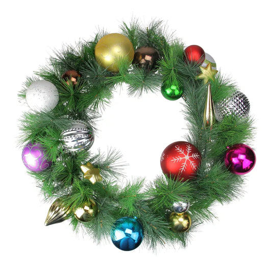 Ornaments and Pine Needle Christmas Wreath 24 Inch Multicolor Unlit Artificial Holiday Decoration