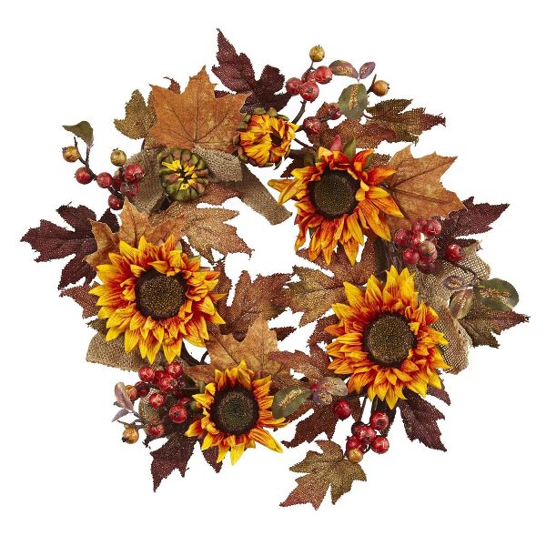 24" Sunflower and Berry Wreath for Autumn and Fall Decor