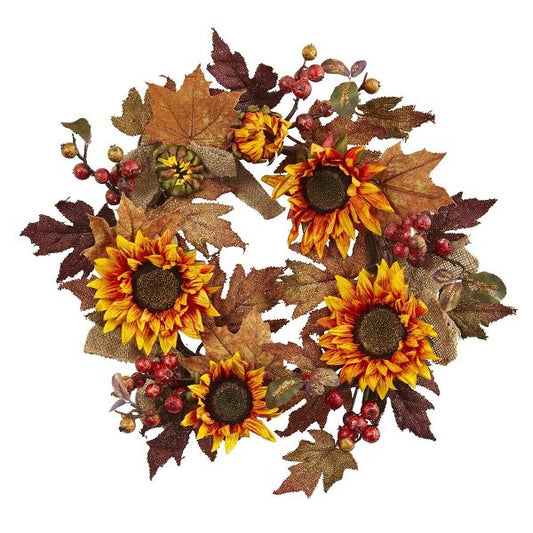 24" Sunflower and Berry Wreath for Autumn and Fall Decor