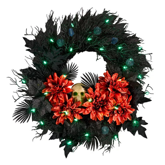 24 Inch Pre-Lit LED Halloween Wreath Green Lights