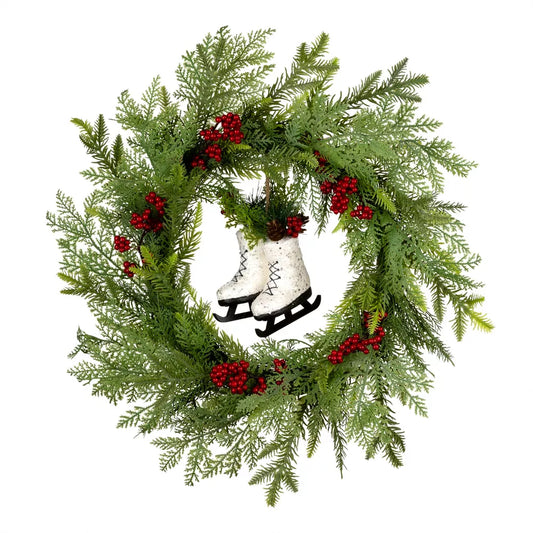 22 Inch Winter Skates Artificial Christmas Wreath with Red Berries Unlit