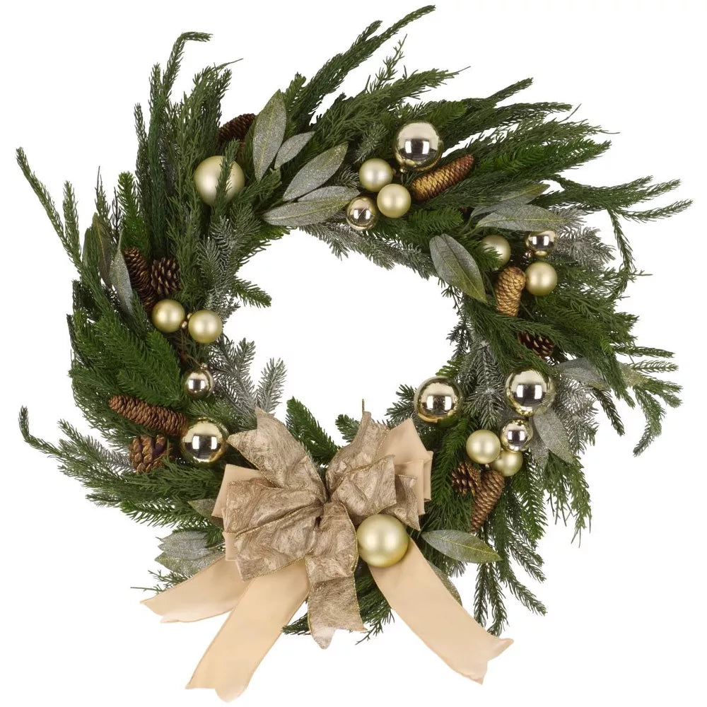 28-Inch Faux Pine Needle Wreath with Pinecones, Ornaments, and Ribbon – Multicolor