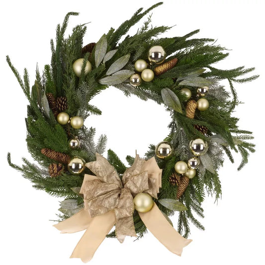 28-Inch Faux Pine Needle Wreath with Pinecones, Ornaments, and Ribbon – Multicolor