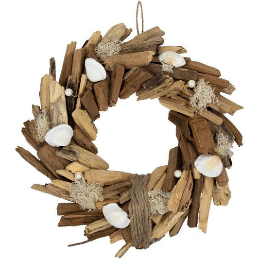 14" Coastal Driftwood and Seashell Wreath Nautical Beach Style Wall Decor