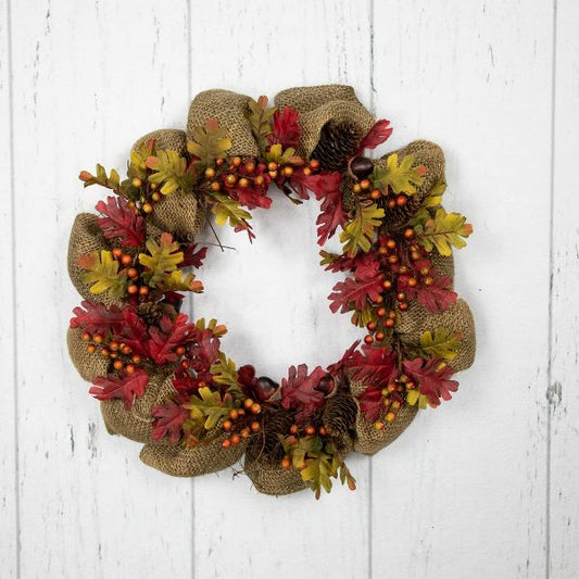 18" Rustic Fall Wreath with Burlap, Acorns, and Berries Harvest Wall Accent