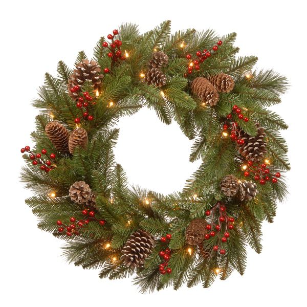 24” Pre-Lit Flocked Pine Berry Christmas Wreath