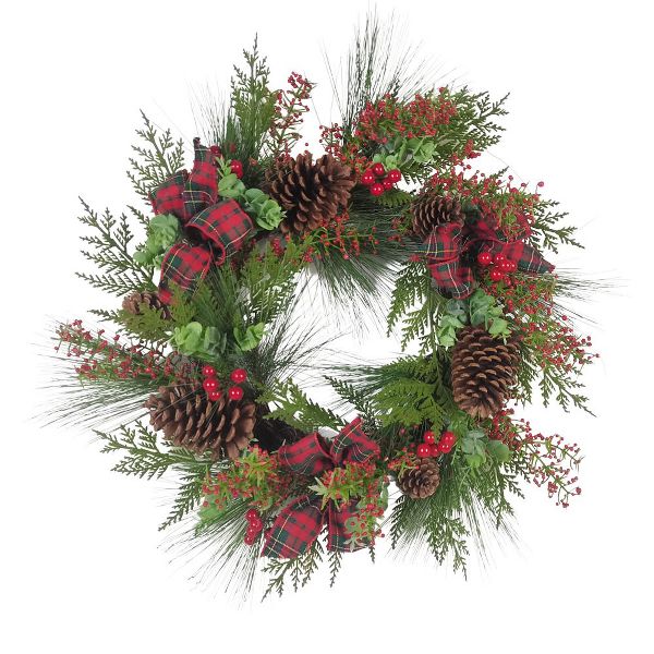 24" Berries & Pinecone Ribbon Rattan Holiday Wreath