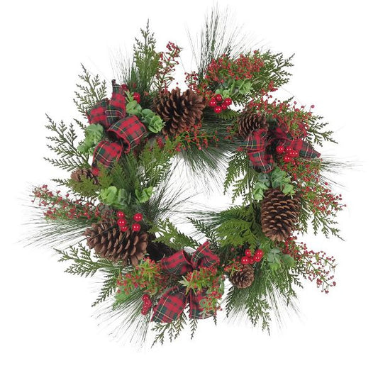 24" Berries & Pinecone Ribbon Rattan Holiday Wreath