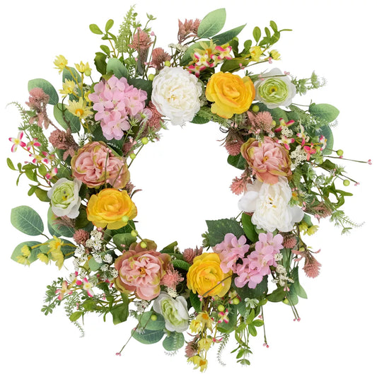 Rose and Hydrangea Floral Spring Wreath - 26" Pink and Yellow