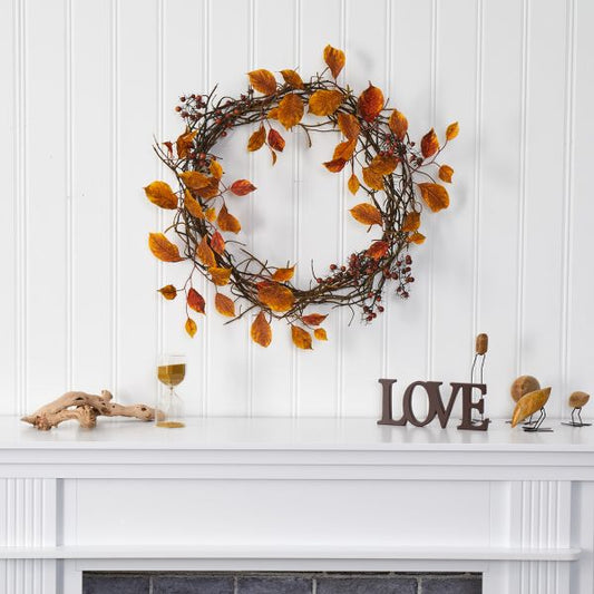 19-Inch Harvest Leaf, Berries, and Twig Artificial Wreath – Fall Seasonal Décor