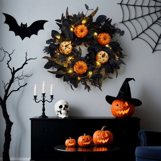 18" Halloween Pumpkin Wreath for Front Door Indoor Outdoor Decor