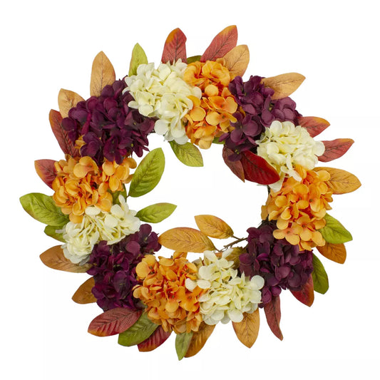 20 Inch Orange Hydrangea and Leaves Artificial Floral Twig Wreath