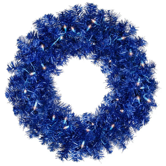 24 Inch Pre-Lit Artificial Tinsel Christmas Wreath Blue Clear Lights