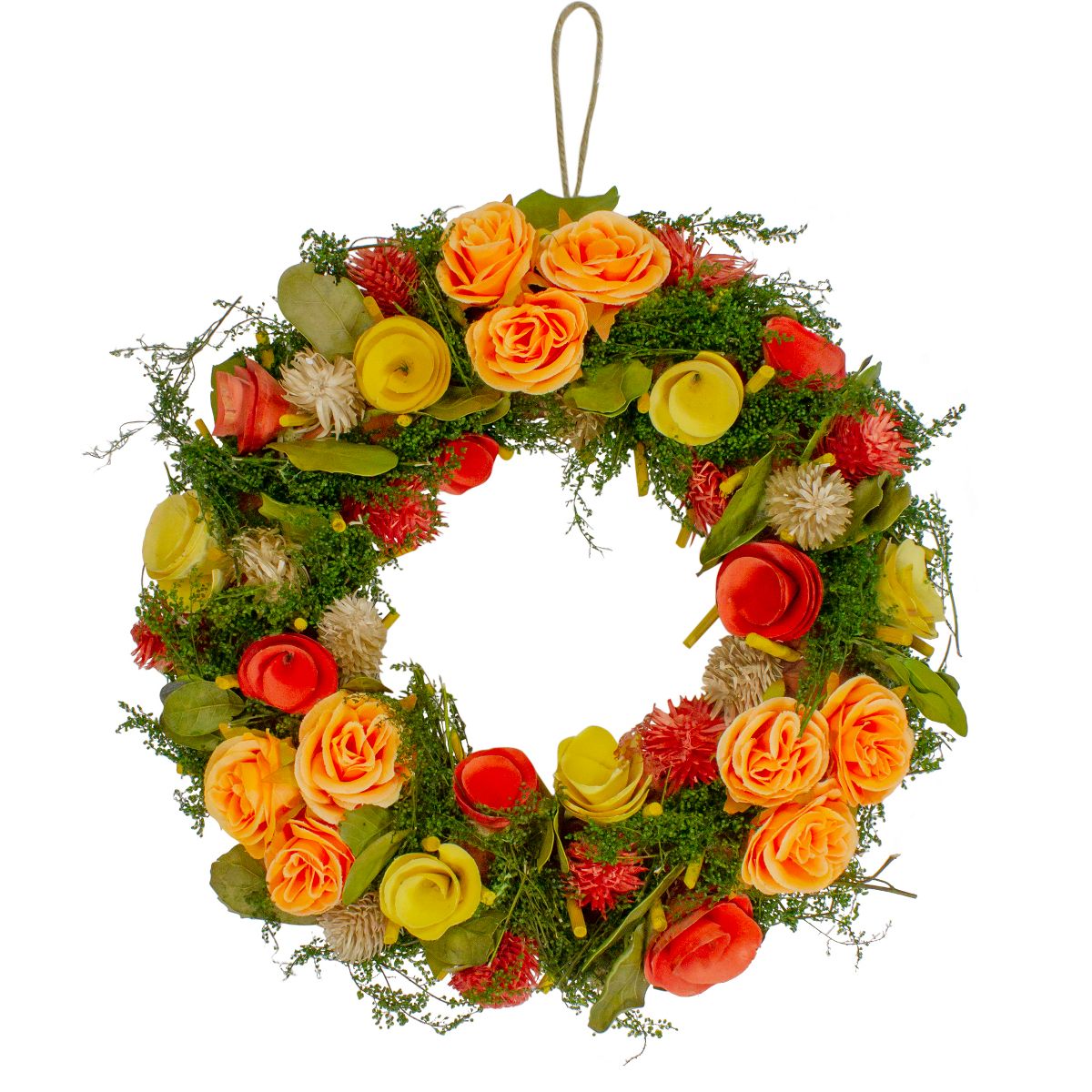 12.5 Inch Peach and Green Flowers with Moss and Twig Artificial Spring Wreath – Unlit Home Décor