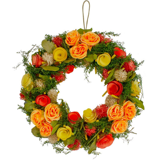 12.5 Inch Peach and Green Flowers with Moss and Twig Artificial Spring Wreath – Unlit Home Décor