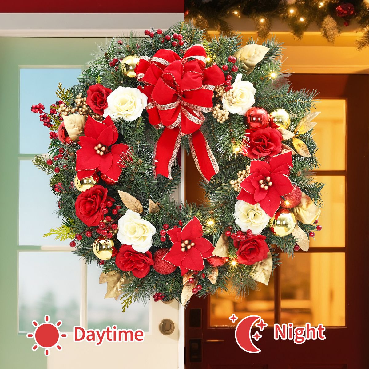 24-Inch Pre-Lit Christmas Wreath with Red Bow and Flowers – Front Door Holiday Décor