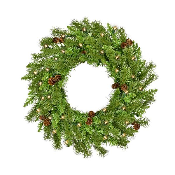 24" Pre-Lit Pinecone Wreath with Clear Lights – Holiday Decor
