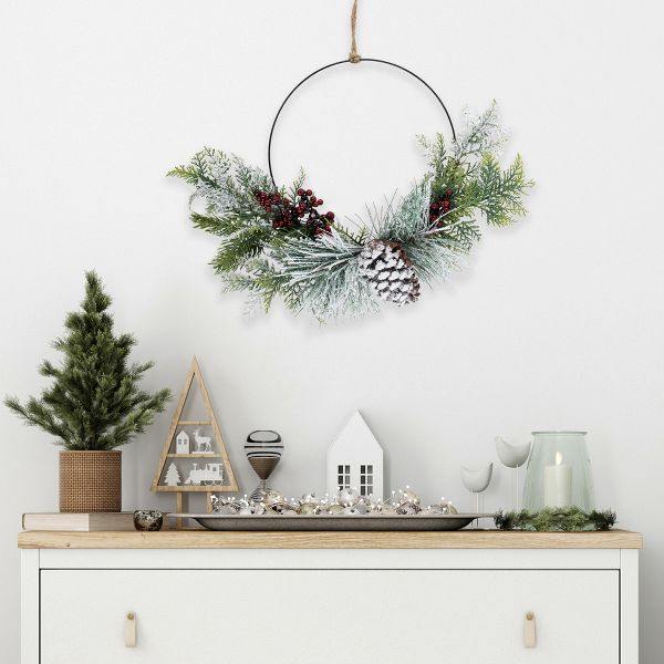 16 Inch Frosted Mixed Foliage Artificial Christmas Wreath with Berries and Pinecone – Unlit Holiday Decoration